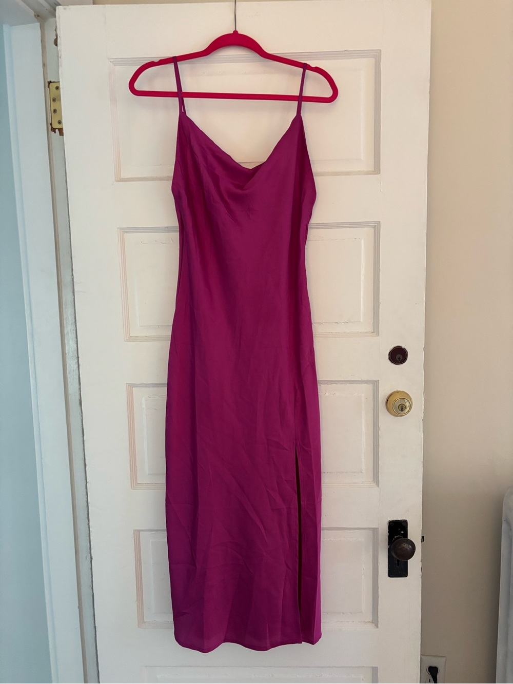 Satin Cowl Neck Maxi Slip Dress in Magenta
